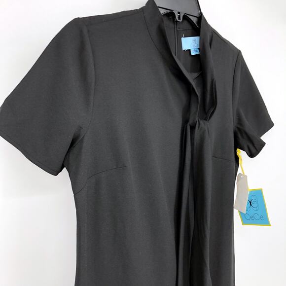 CECE Ruffled Bow Neck Mini Dress 10 Black Short Sleeve Fit & Flare NWT - Picture 6 of 13